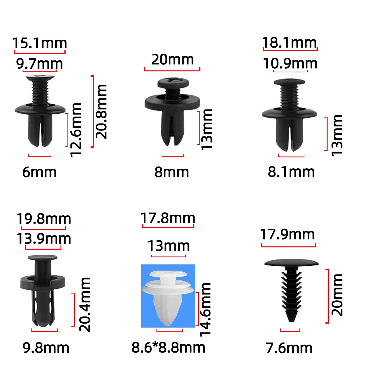 6 tamaños 100 Uds Clip de sujeción automático cuerpo de coche mixto pasador de retenedor de empuje remache parachoques puerta Panel embellecedor retenedor Kit de sujeción removedor - imagen 2