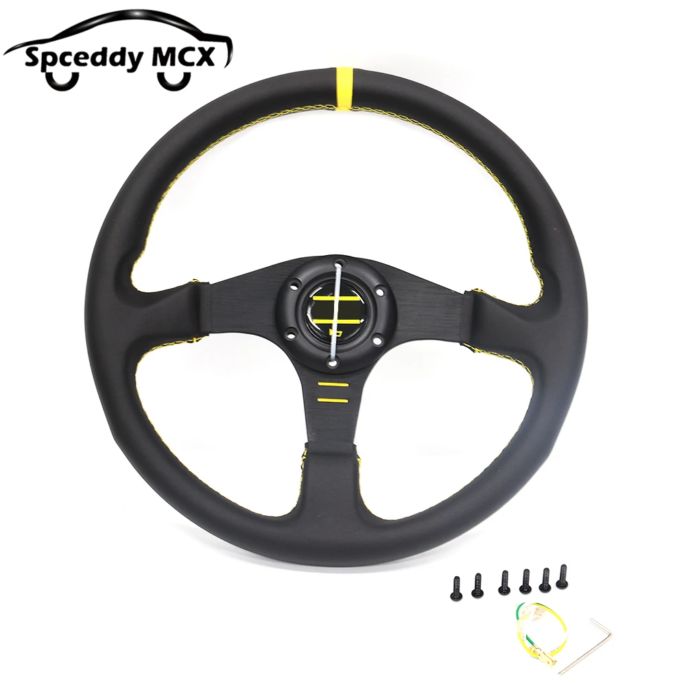 Volante Deportivo Cuero 350mm Estilo JDM – Amarillo y Negro