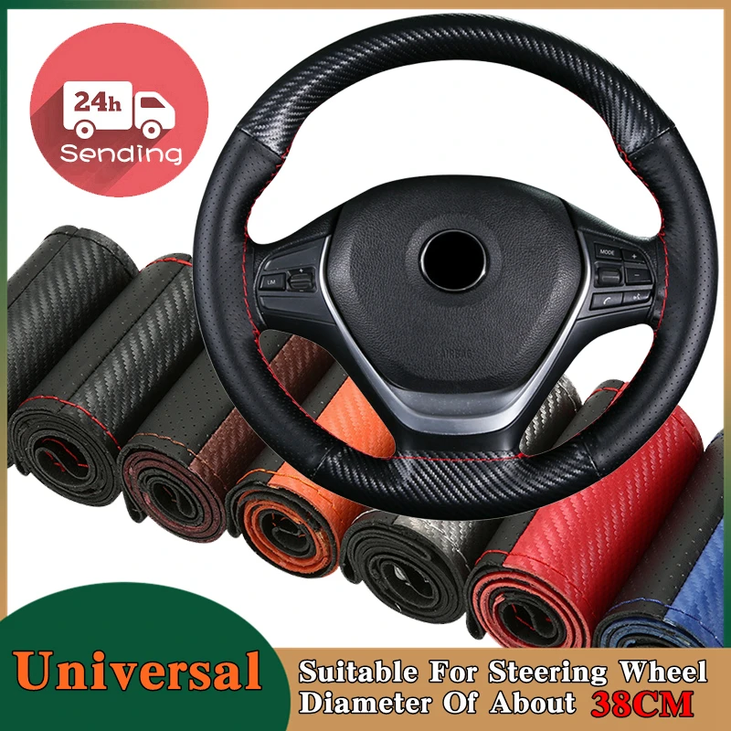 Envoltura de dirección trenzada hecha a mano para Interior de coche, accesorio Universal de cuero genuino de fibra de carbono, 38cm, con aguja e hilo