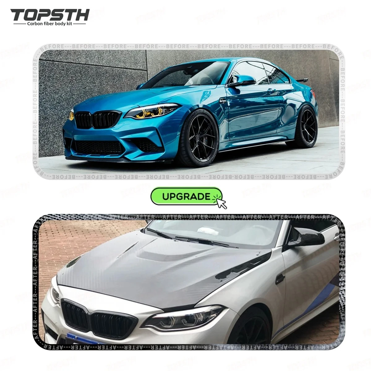 Vista frontal del capó de fibra de carbono para BMW M2 F87