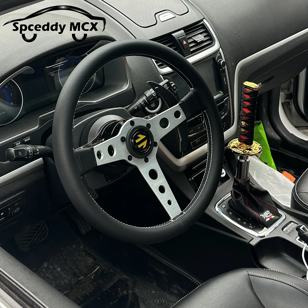 Volante drift universal carreras JDM cuero real soporte negro plateado - imagen 4