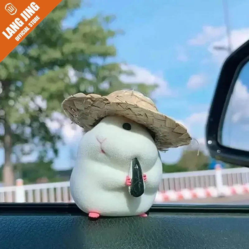 Adorno de salpicadero para coche con hámster y sombrero de paja