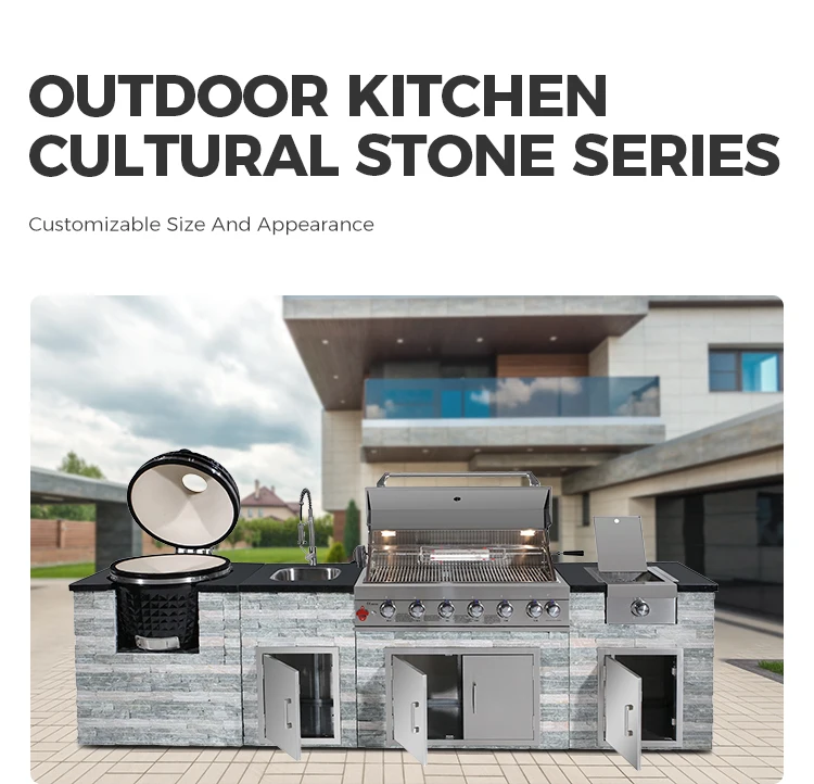 Gabinete de cocina exterior con parrilla de acero inoxidable y acabado en piedra natural
