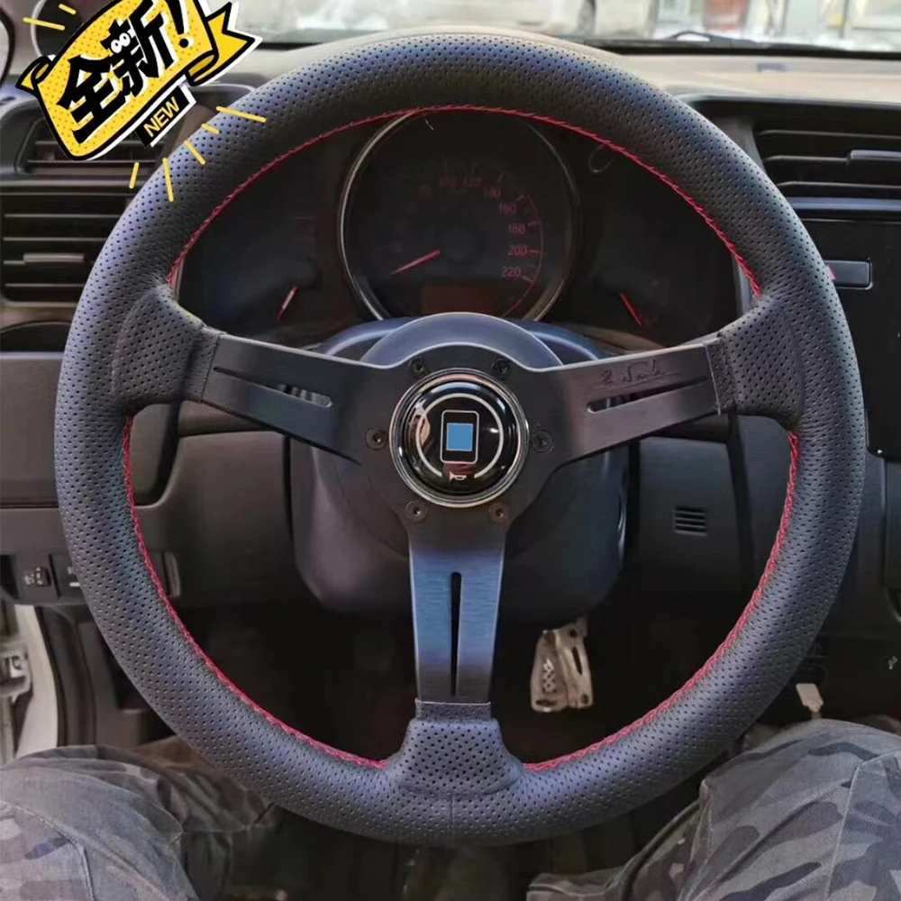 Volante deportivo de cuero perforado con radios de aluminio y rojo - imagen 2