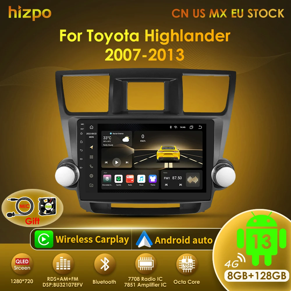 Hizpo Radio coche Android 13 para Toyota Highlander 2 XU40 2007-2013