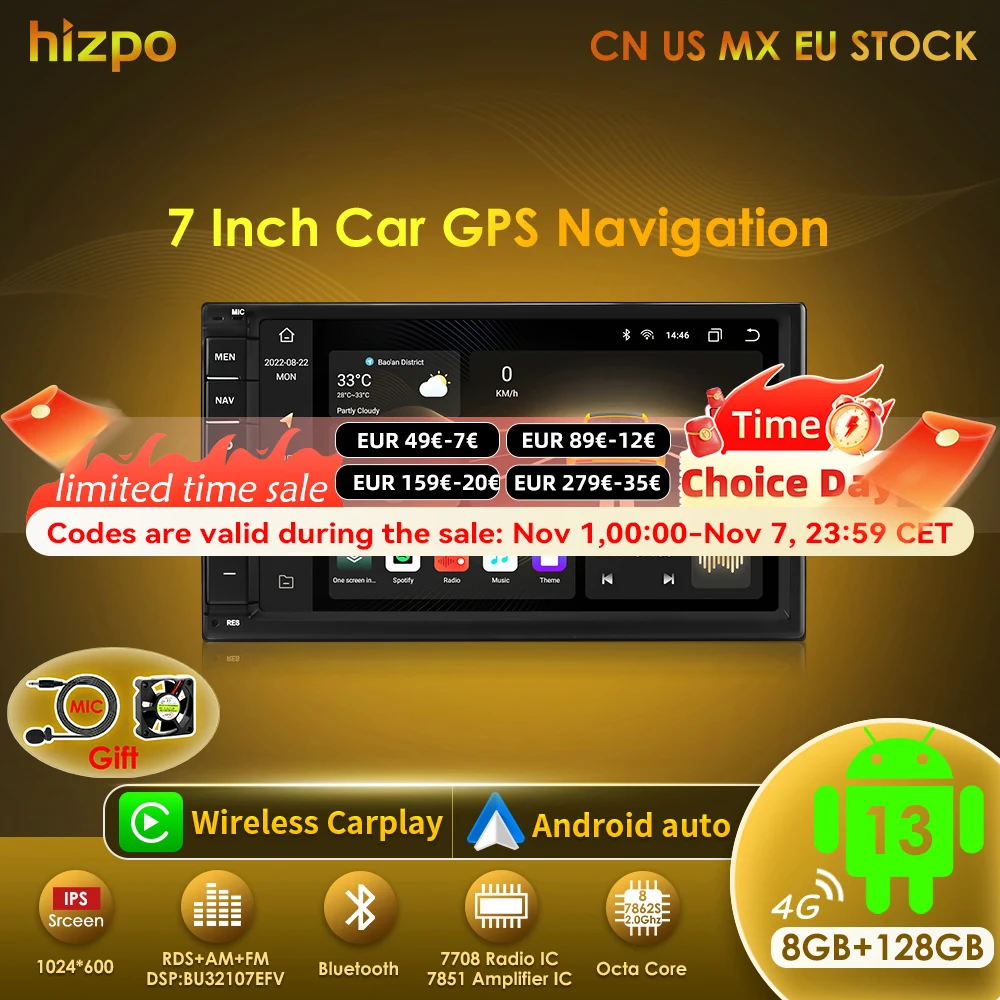 Autoradio Hizpo 2DIN 7" Android 13 CarPlay - Nissan Toyota Volkswagen
