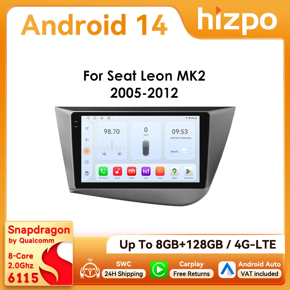 Hizpo Autoradio Android 14 2Din GPS BT para Seat León II 05-12