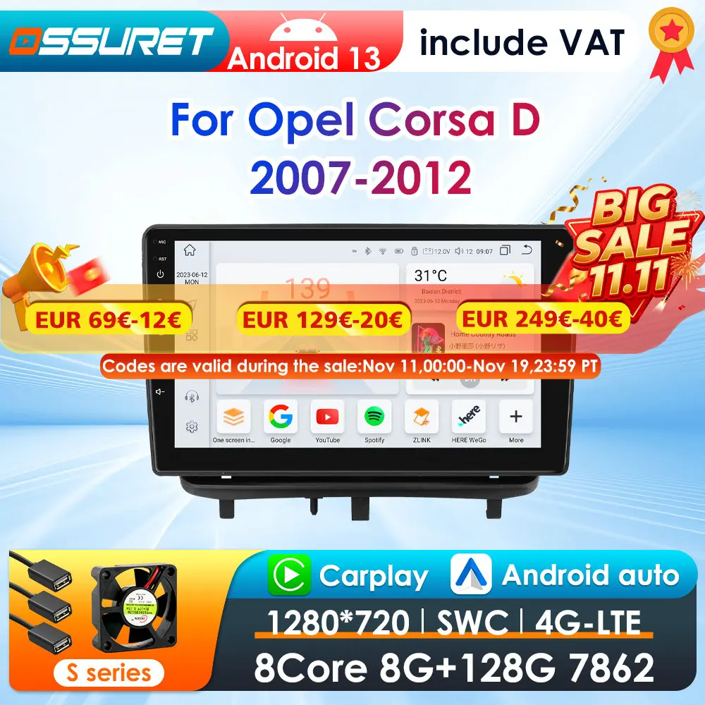 Autorradio 2DIN Android con CarPlay inalámbrico Opel Corsa D 2007-2012