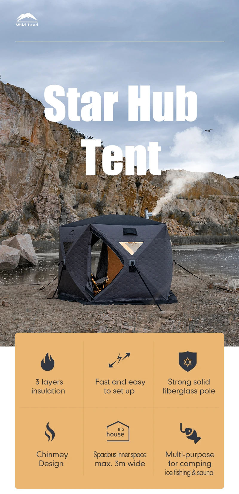 Tienda de campaña de invierno hexagonal en exterior nevado