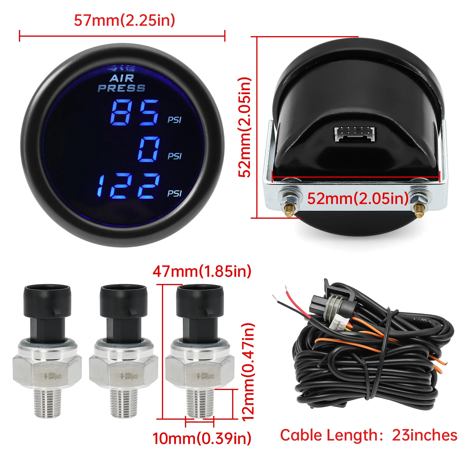 Manómetro de presión de aire para coche de 52mm, medidores de refuerzo LED azules, tres pantallas digitales, suspensión neumática de 220PSI con 3 sensores 1/8NPT - imagen 5