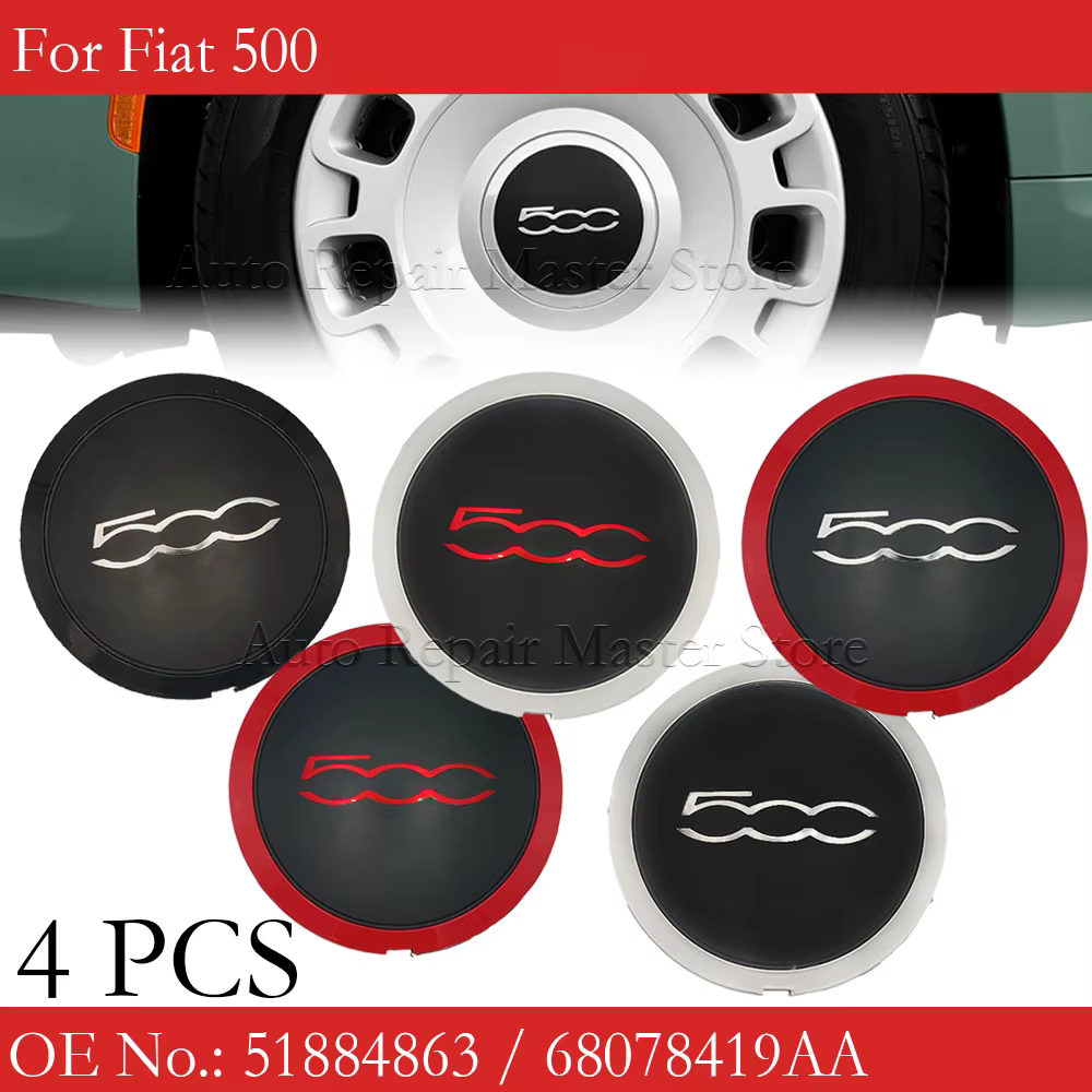 Tapas de cubo de ruedas Fiat 500 plateadas y rojas 133 mm