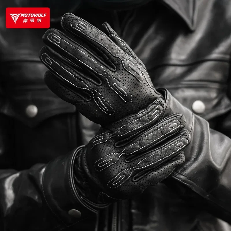 Guantes de moto de cuero perforado y táctiles para verano - imagen 2