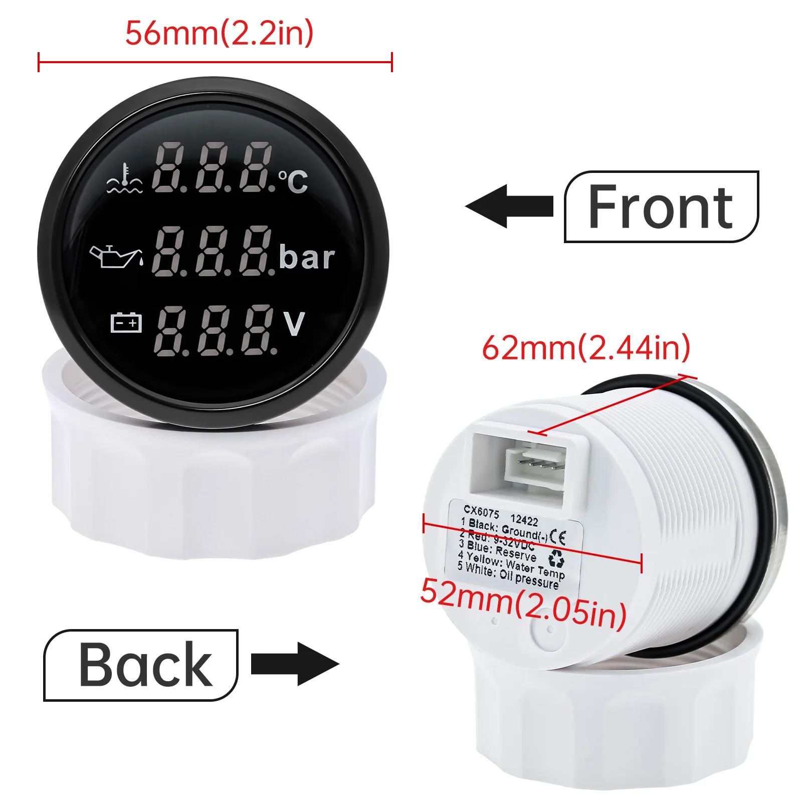 Tacómetro multifunción 52mm: presión aceite, combustible y voltaje LED - imagen 3