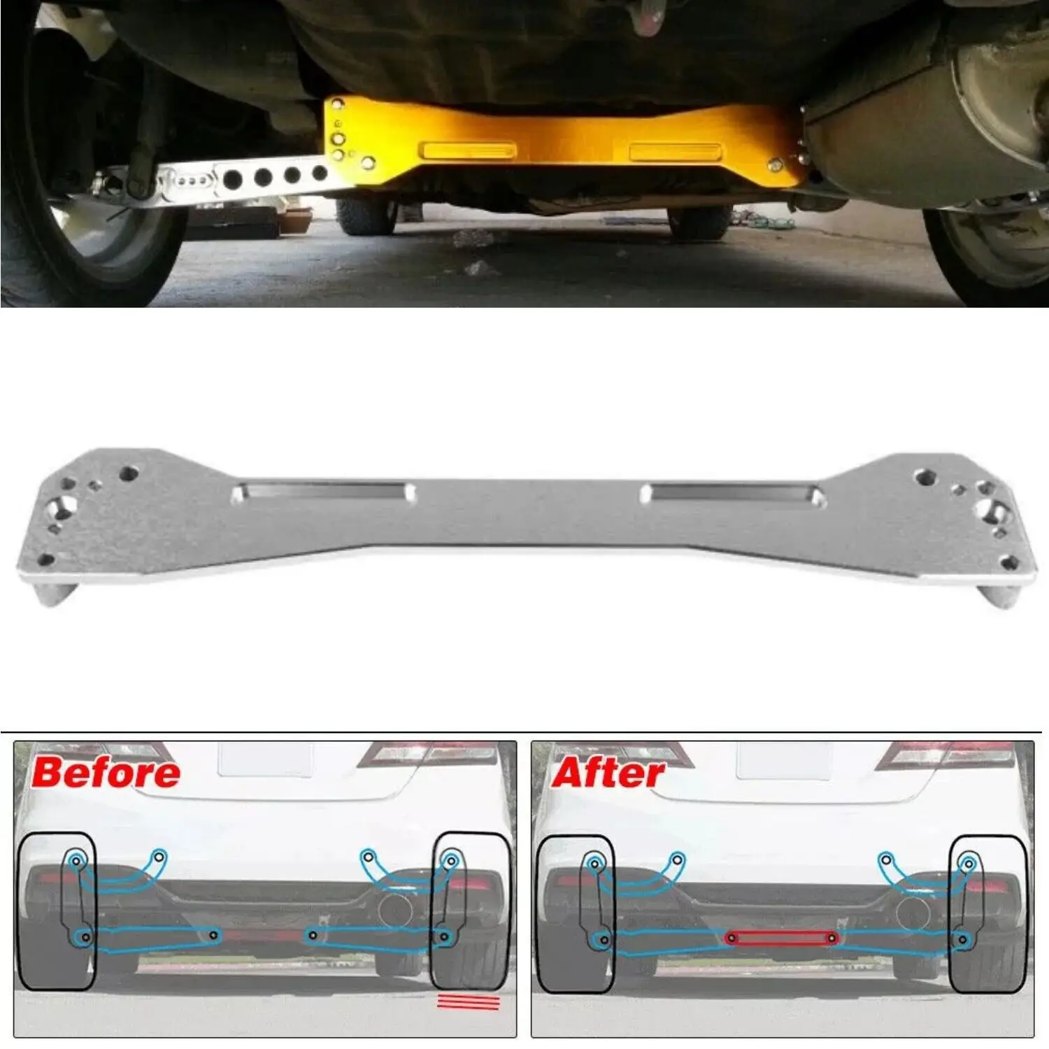 Gran oferta de brazos de Control inferiores traseros plateados + soporte de submarco de barra de amarre para Honda Civic EK 96-00 soporte de barra de amarre caballete se vende bien - imagen 3