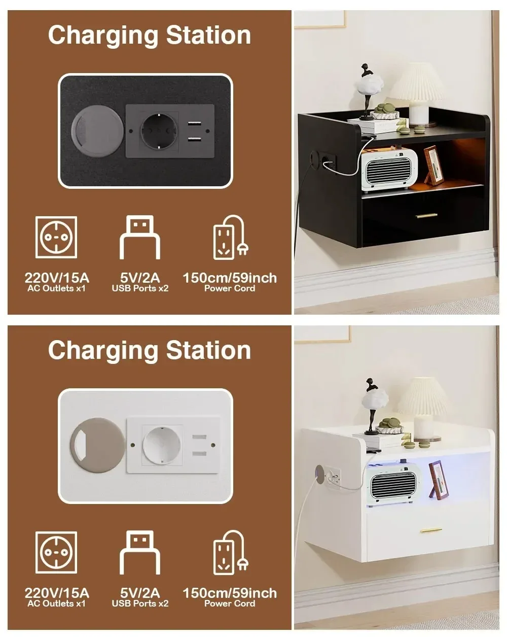 Carga 1AC + 2USB para dejar el dormitorio organizado