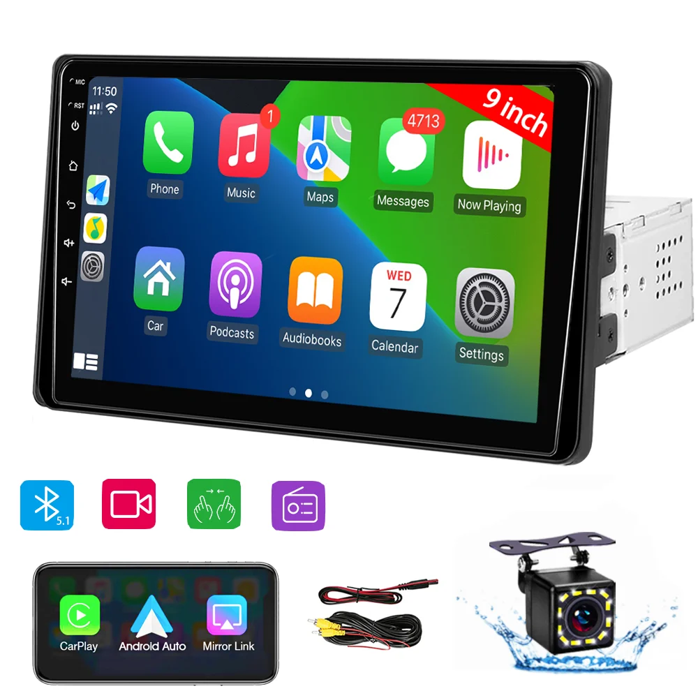 Autoradio universal 9″ táctil Android Auto CarPlay con cámara retrofit