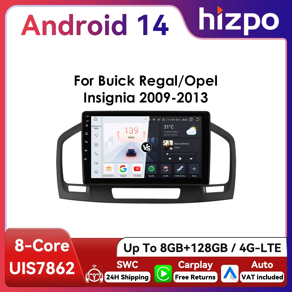 9 " Hizpo 2Din CarPlay Android Auto Radio de coche para Buick Regal Opel Insignia 2009 - 2013 UIS7862 Multimedia GPS RDS DSP 360 CAM