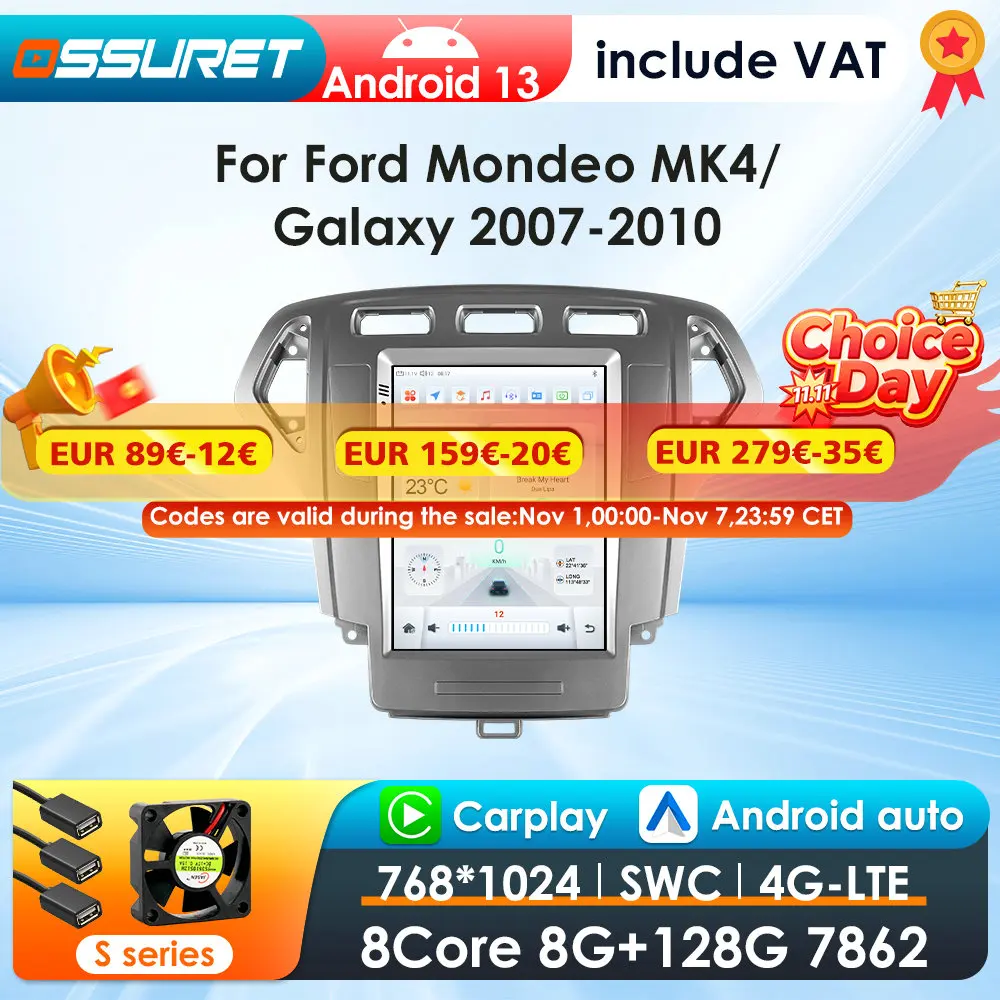 Radio coche OSSURET 2 DIN Android 13 Ford Mondeo MK4 Galaxy 2007-2010