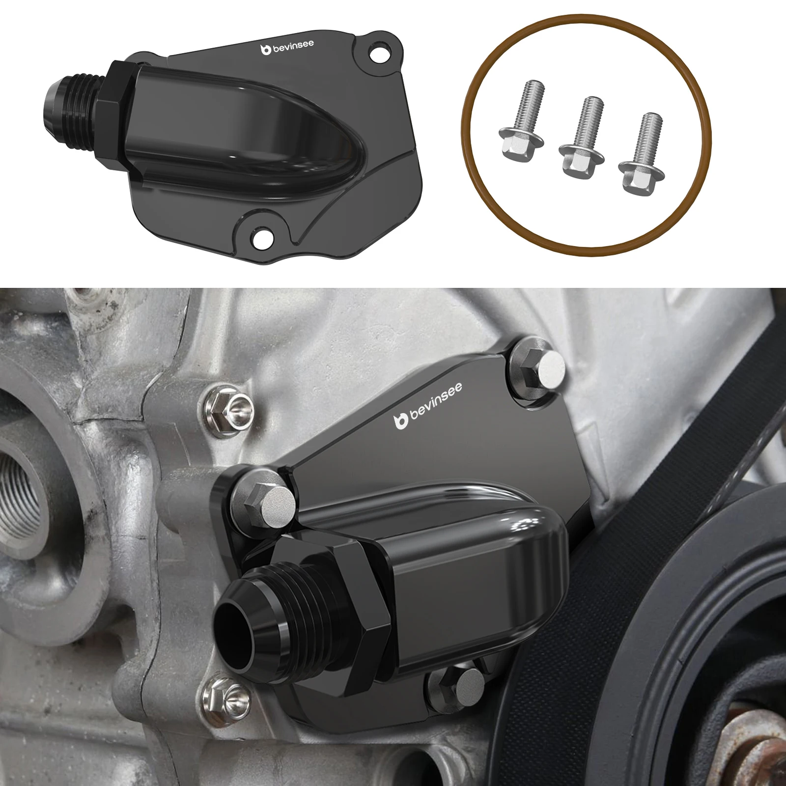 BEVINSEE para K20 K24 cubierta del tensor de cadena de distribución con conector AN10 ORB Turbo drenaje de aceite para Honda serie K