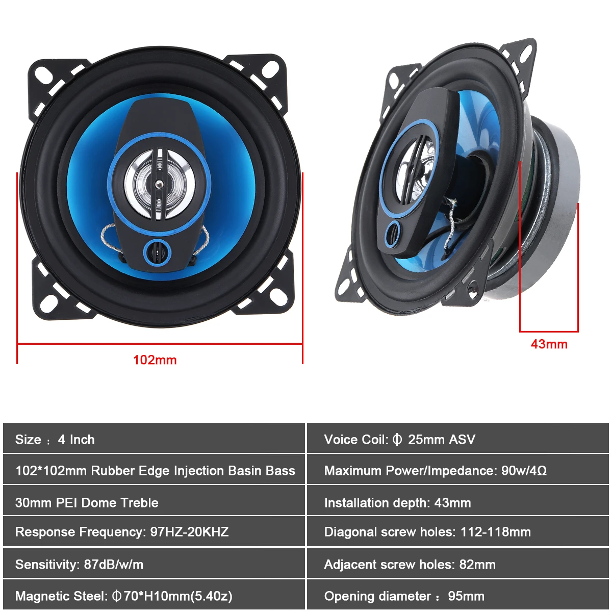 Altavoz coaxial 4″ 300W 2 vías rango completo – Pack 2 uds para coche - imagen 2