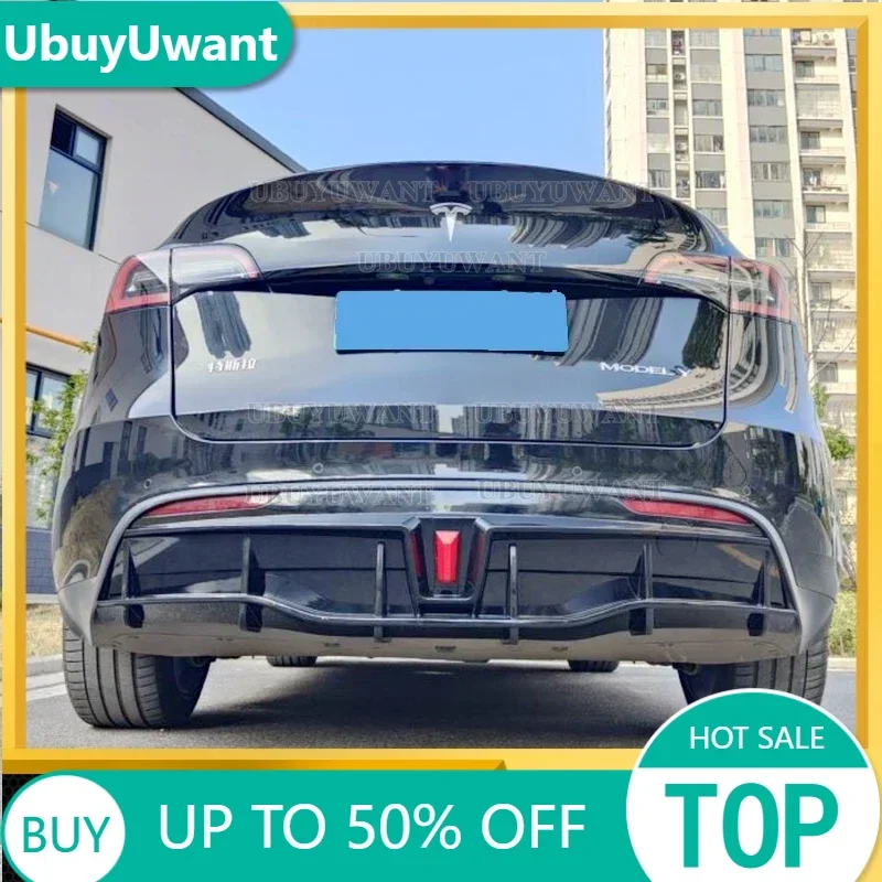 Difusor de parachoques trasero para Tesla Model Y 2018-2024, labio ABS negro brillante, apariencia de fibra de carbono, divisor de maletero de coche, protector de placa de alerón