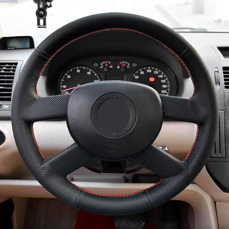 Accesorios de cubierta de cuero perforado negro trenzado en el volante del coche para VW Golf 5 V Touran 2003-2005 Polo 2003-2006 (4 radios)