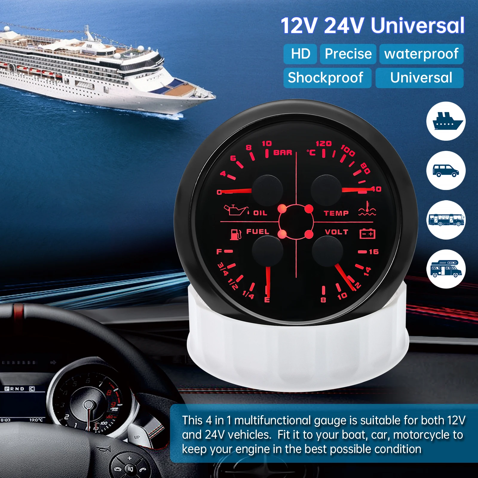 Indicador multifunción 4 en 1 para coche y barco, 85 mm, 12 V - imagen 2