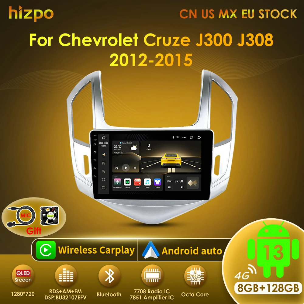 Hizpo 2din Android 13 Radio de coche Multimidia para Chevrolet Cruze J300 J308 2012-2015 reproductor de vídeo navegación GPS unidad principal Carplay