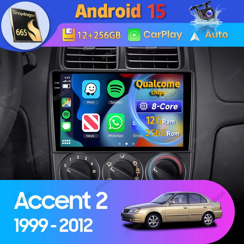 Radio 2 DIN Android 15 con CarPlay para Hyundai Accent II 1999-2012