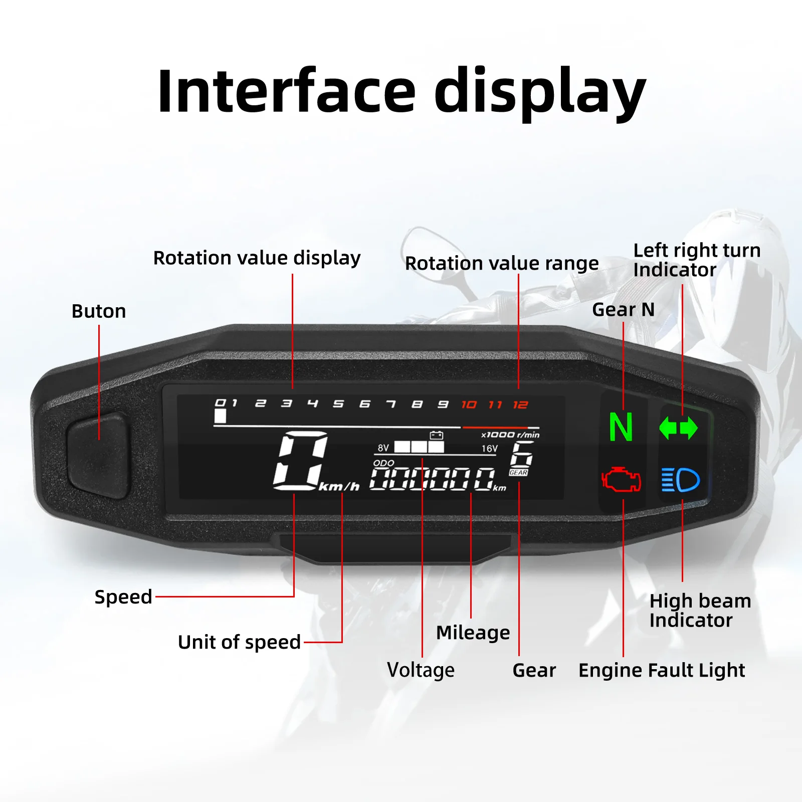 Tacómetro digital universal para moto con velocímetro y sensor RPM - imagen 4