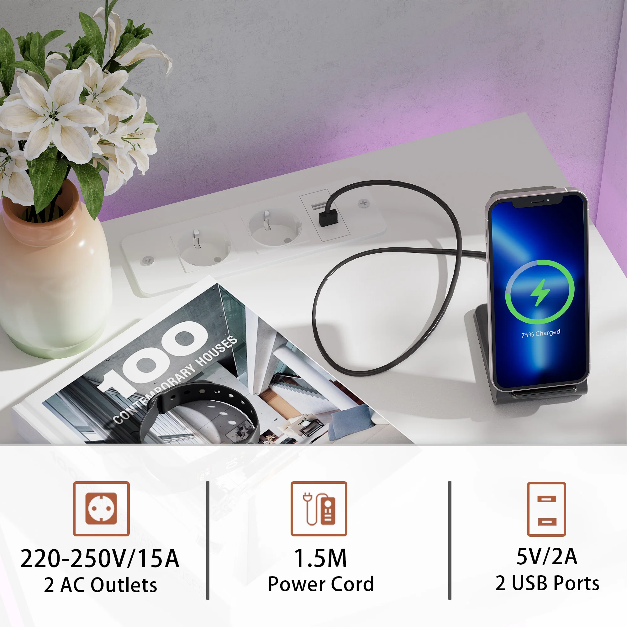 Mesita noche madera con USB y Bluetooth – 3 cajones para dormitorio - imagen 5