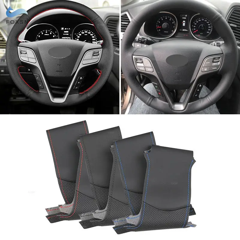 Cubierta trenzada a mano para volante de coche, embellecedor de cuero perforado para Hyundai Santa Fe 2013-2018 Grand ix45 2013-2016