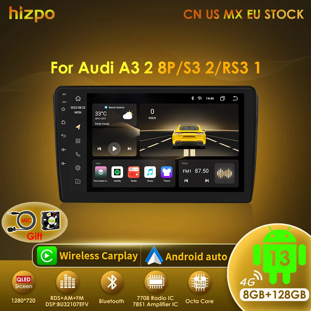 Autoradio 2 Din Android 13 Hizpo con CarPlay y Wifi para Audi A3 8P