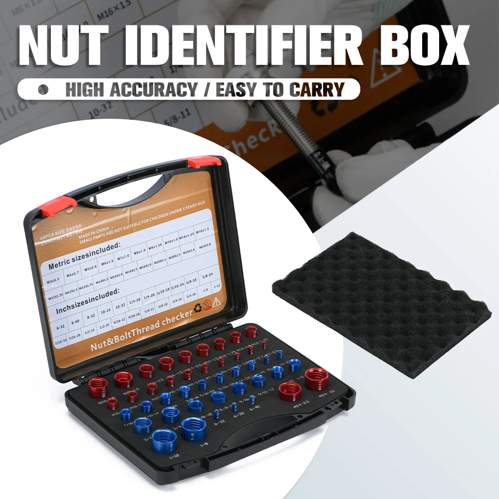 44 Uds. Herramientas de verificación de rosca de tuerca y perno, caja de calibre hembra métrico y macho, indicador identificador de perno/tuerca con caja de almacenamiento