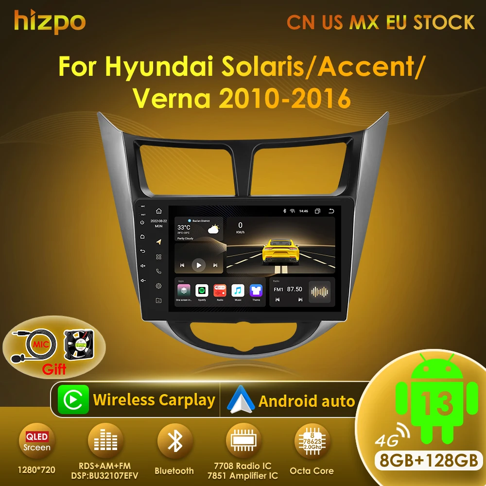 Hizpo Radio 2 DIN Android 13 con GPS para Hyundai Solaris 2010-2016