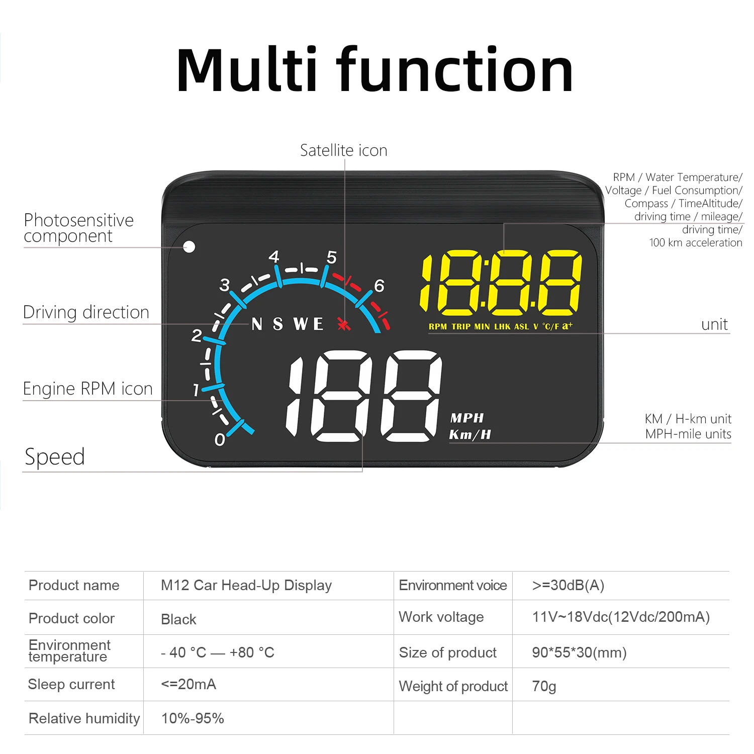 Sistema Dual HUD OBD2 GPS con proyector de parabrisas y RPM - imagen 5