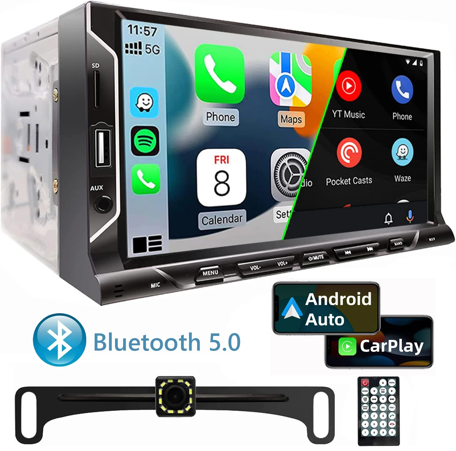 Radio 2 DIN pantalla táctil CarPlay y Android con cámara trasera