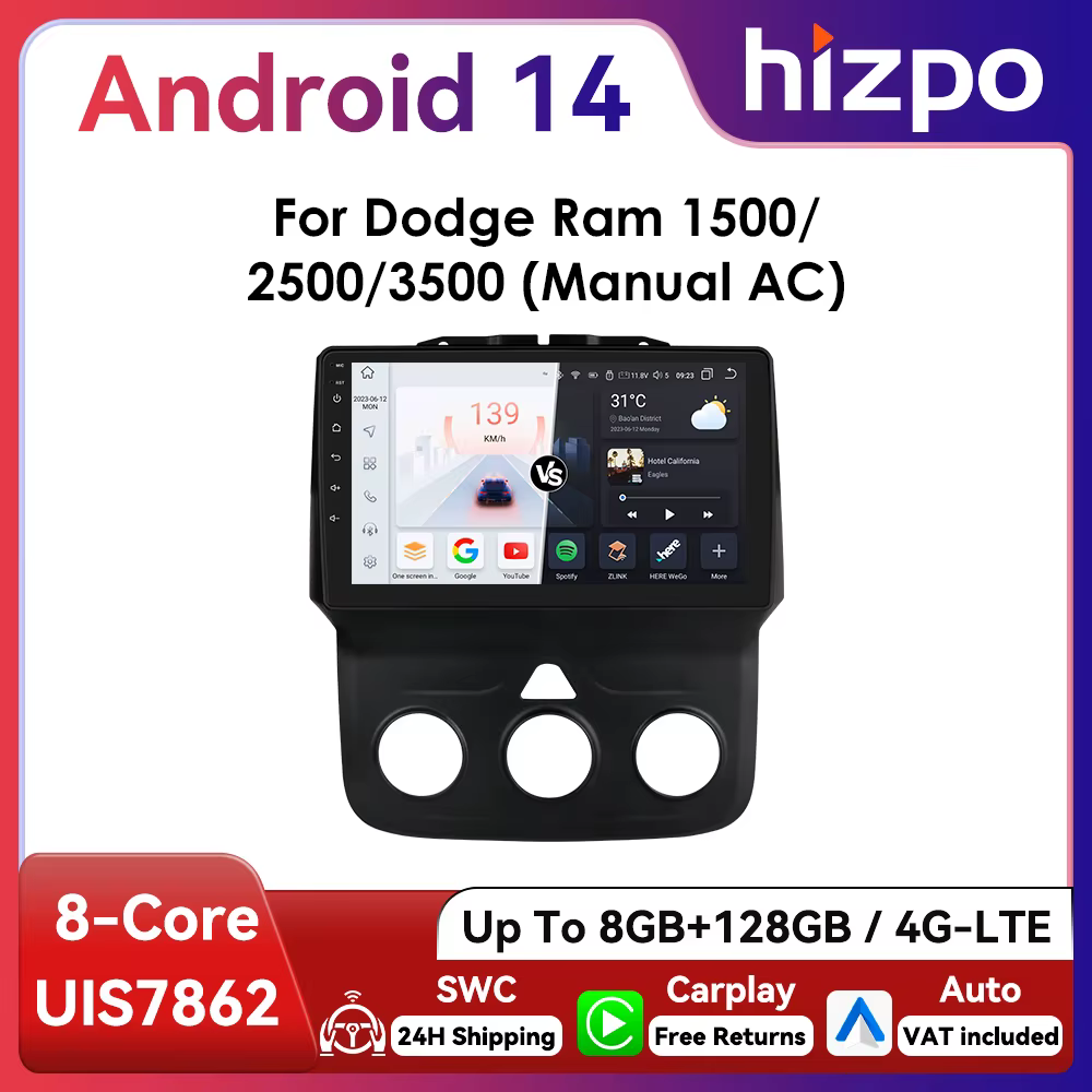 Radio 2DIN Hizpo Android 13 con CarPlay – Dodge Ram 2013-2018