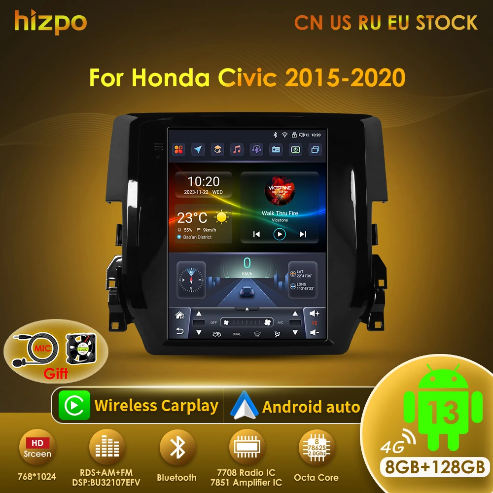 Hizpo Android 13 Radio de coche Multimeda para Honda Civic 2015 - 2020 Auto Carplay Audio estéreo navegación GPS 2 din para estilo Tesla