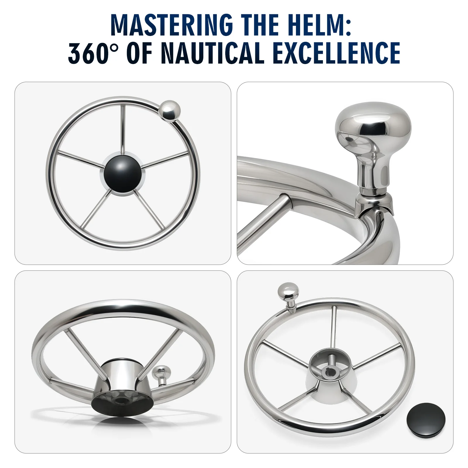 Volante destructor de 5 radios de acero inoxidable o con perilla, volante pulido con espejo para accesorios de barco yate marino - imagen 4