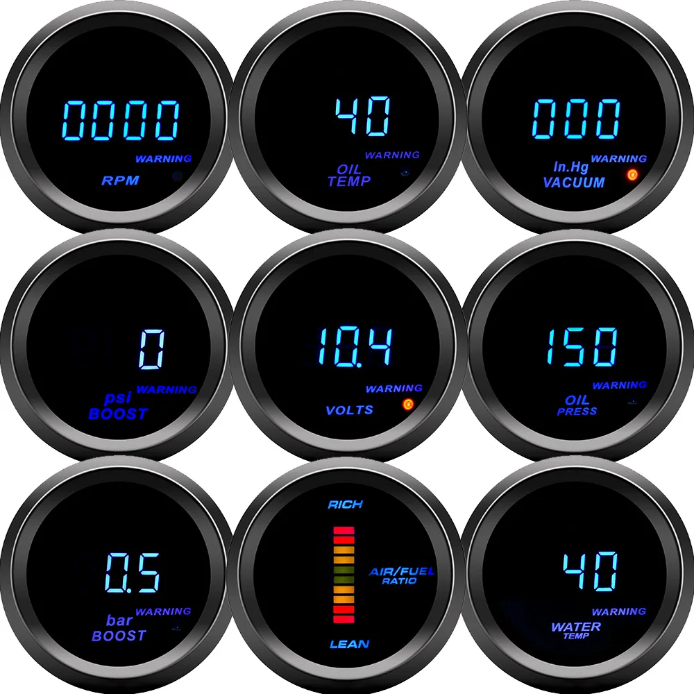 2 "52mm coche Turbo PSI BAR Boost calibre presión de aceite temperatura del agua medidor de temperatura del aceite voltímetro tacómetro RPM vacío retroiluminación azul