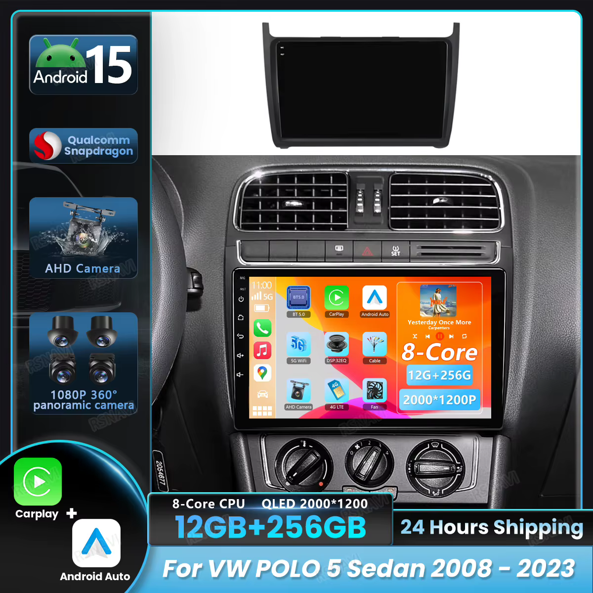 Radio Android 15 con CarPlay y navegación para VW Polo 5 2008-2023