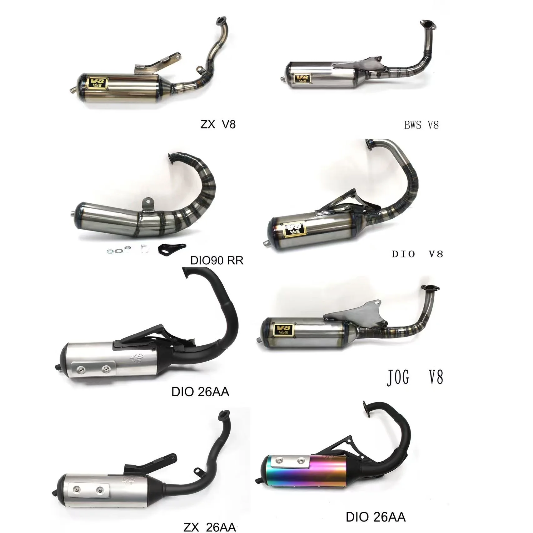 Tubo de escape inoxidable V8 para motos JOG DIO BWS ZX