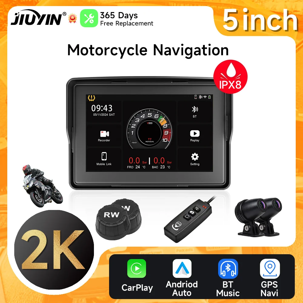 Navegador GPS DVR para motocicleta de 5 pulgadas, cámara de salpicadero 2K, inalámbrica, Carplay, Android, Auto, IPX8, resistente al agua, cámara frontal y trasera para Moto, Bluetooth