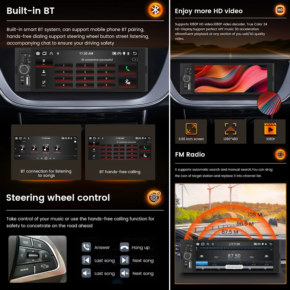 MEKEDE Radio 1DIN para coche con CarPlay Android Auto BT USB 6,86 - imagen 3