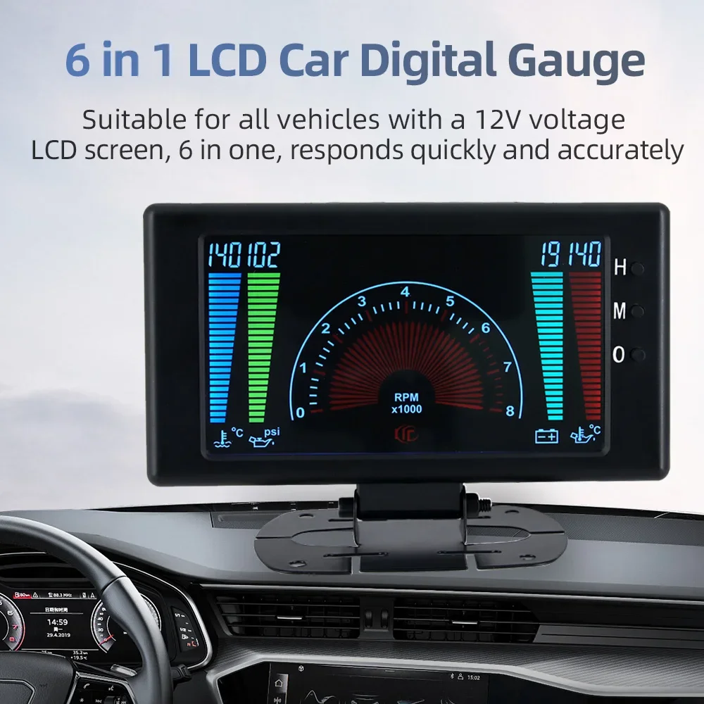 Medidor digital 6 en 1 LCD para coche con tacómetro y sensores - imagen 2
