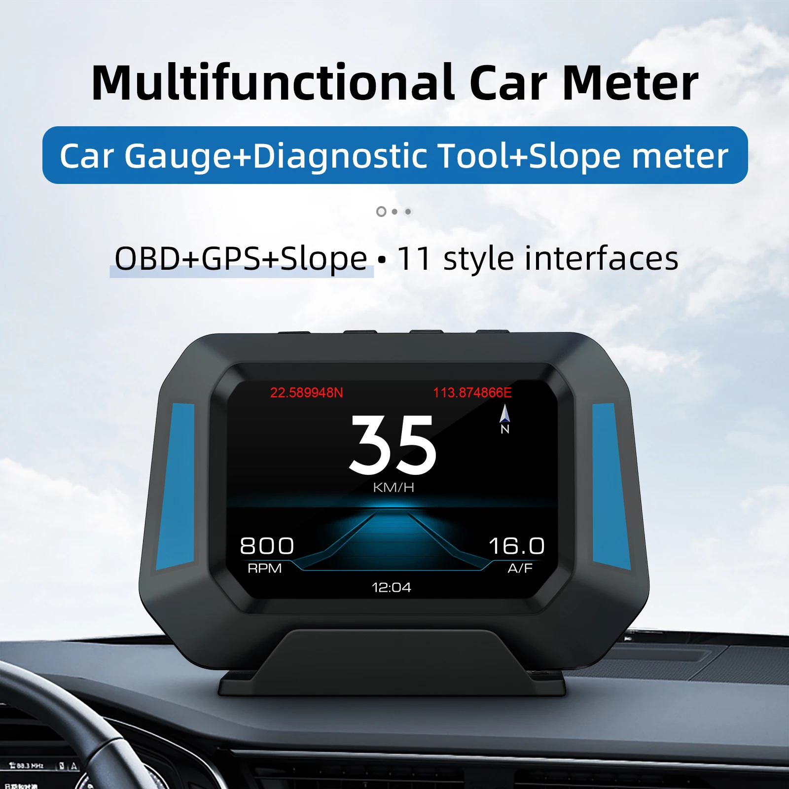 Pantalla HUD OBD P21 con velocímetro e inclinómetro GPS