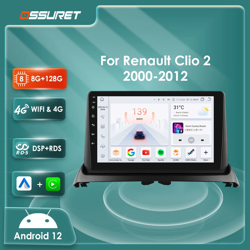 Autorradio Android 14 2 DIN para Renault Clio II con CarPlay GPS