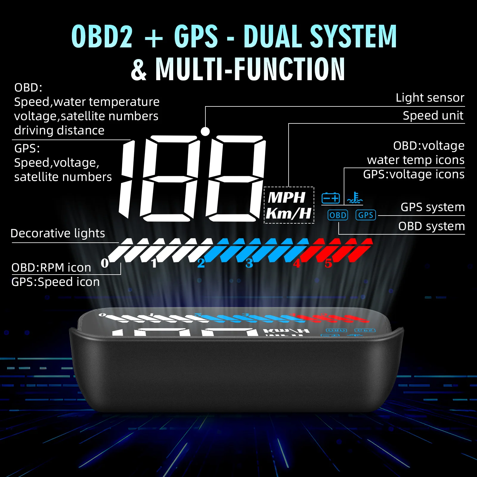 HUD OBD2 GPS para parabrisas – Velocímetro digital RPM voltímetro coche universal - imagen 3