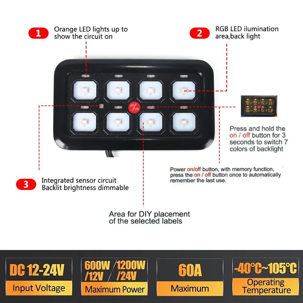 Panel de interruptores LED con relés de 12 V para 4x4 y barco - imagen 3